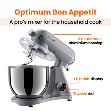 optimum bon appetit stand mixer kitchenaid competitor powerful big capacity multiple attachments LED display